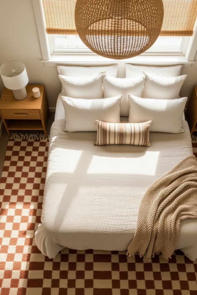 Dreamy Ways to Style a Cozy Boho Bedroom 15 Bright bedroom with white bedding, layered throw blanket, and a checkered rust and cream rug, featuring a woven pendant light, bamboo blinds, and wooden nightstands that lend a clean, cozy boho bedroom touch.