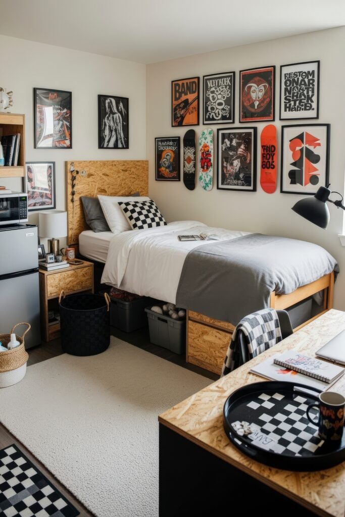 Dorm Room Ideas for Guys That Feel Grown 12 Creative dorm room ideas for guys featuring OSB wood furniture, monochrome bedding, checkerboard accents, and a gallery wall of posters and skateboard decks.