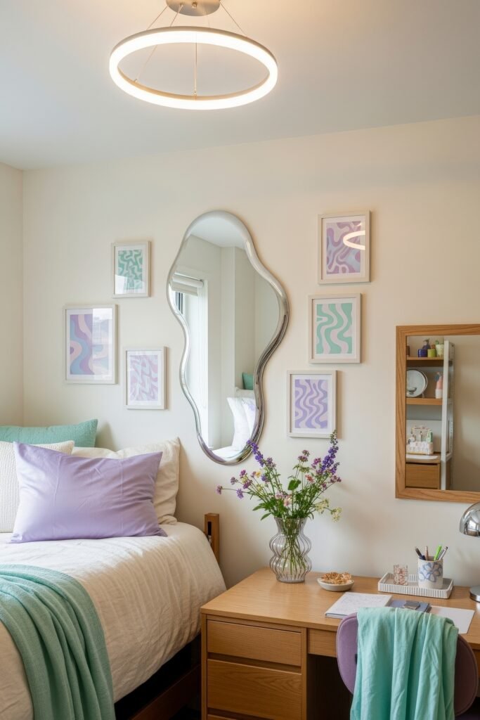 Trend-Forward dorm wall décor Ideas 14 Bright pastel dorm room with lilac and teal accents, wavy dorm wall décor around a mirror, and fresh flowers on the desk adding a cheerful touch.