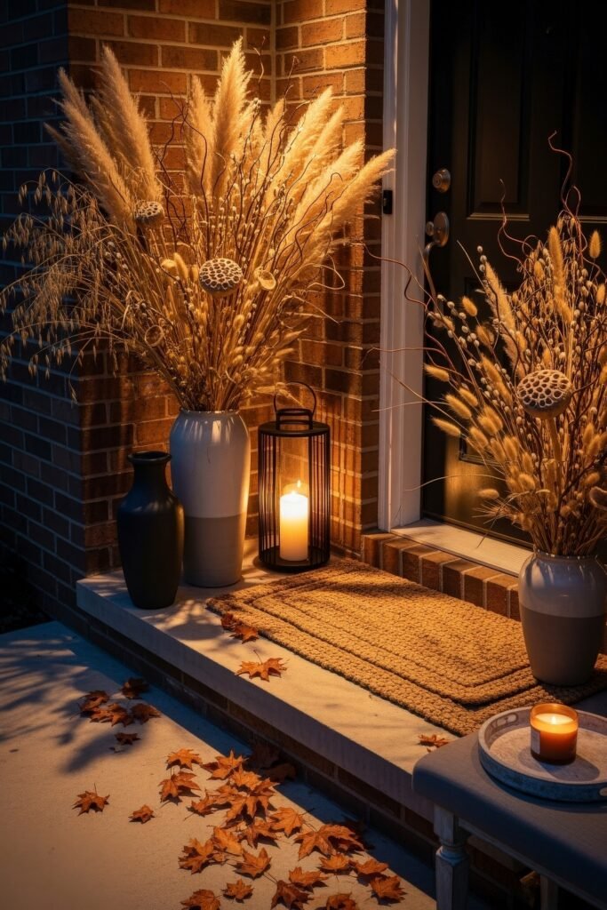 Cozy Entry Glow: Fall Porch Ideas to Try 16 Brick porch styled with tall vases of pampas grass, glowing lanterns, and candles casting warm light over scattered autumn leaves.