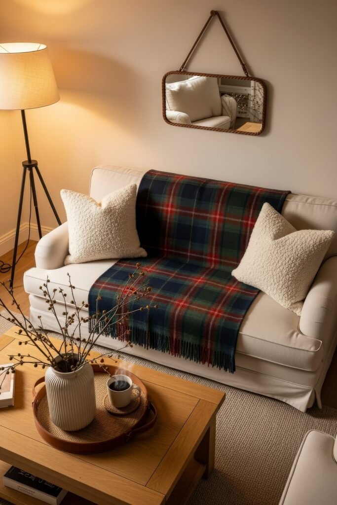 Fresh farmhouse fall decor Ideas for a Cozy, Modern Home 16 Cozy living room with a plaid throw blanket, textured pillows, wooden coffee table with a tray and vase, styled with fall decor accents.