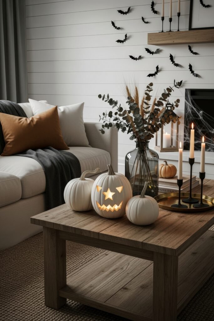 Chic Farmhouse Halloween: 13 Cozy, Stylish Decor Ideas 13 Cozy living room with white jack-o’-lantern pumpkins on a wooden coffee table, brass candlesticks, a vase of dried greenery, and bat wall decorations for a farmhouse Halloween look.