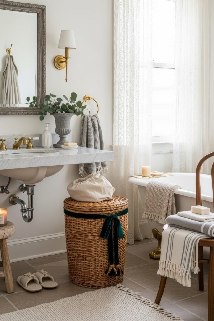Elegant Ways to Layer french vintage bathroom décor 14 Bright bathroom with a marble floating vanity, clawfoot tub, wicker hamper, and striped textiles enhancing the cozy bathroom décor.