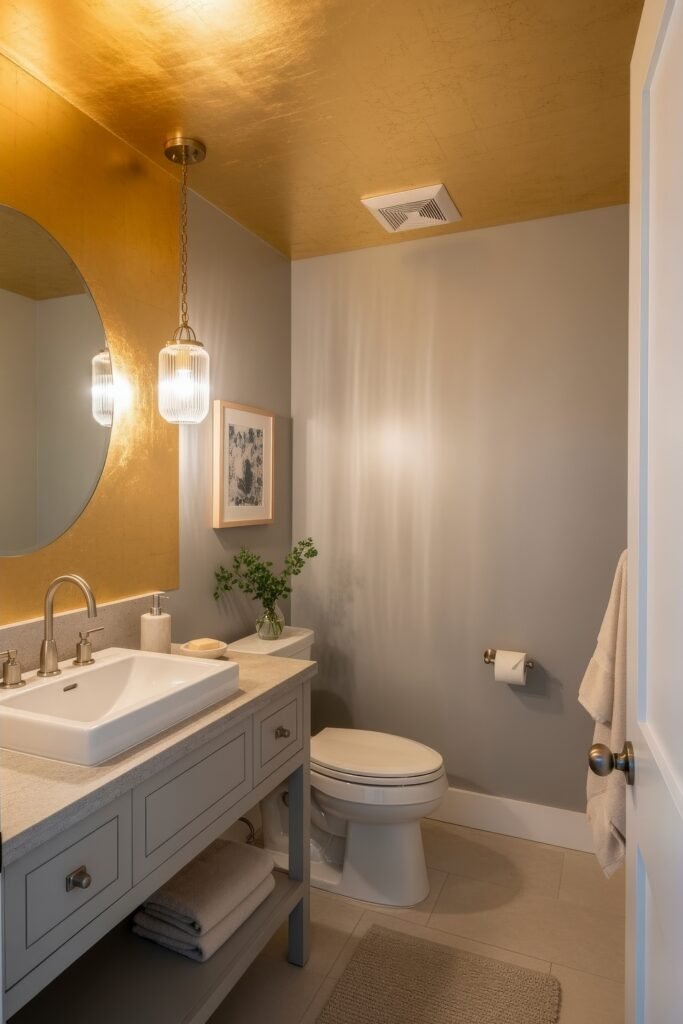Half Bathroom Decor, Elevated: Jewel-Box Ideas 16 Elegant bathroom with a gold ceiling, round mirror, pendant lights, and light gray vanity with vessel sink.