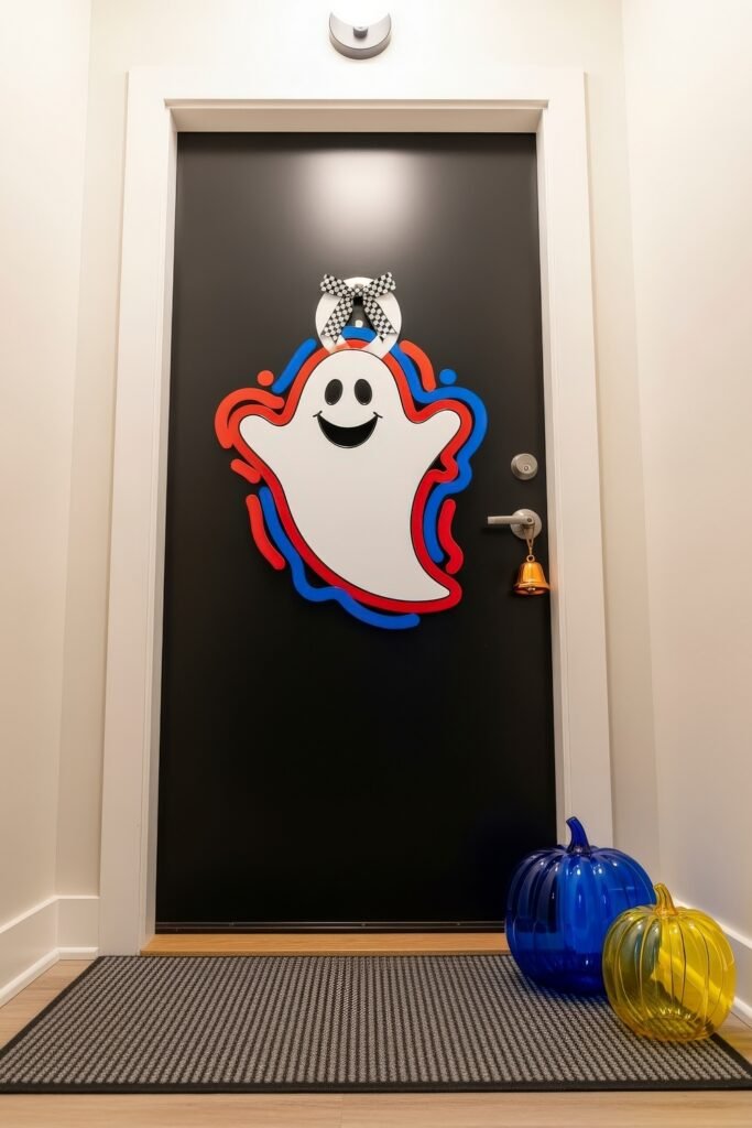 Chic halloween door hangers to elevate your entry 12 Modern hallway door with a cheerful ghost Halloween door hanger, checker bow, and glass pumpkins in blue and yellow at the entryway.