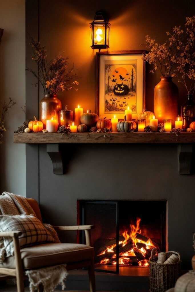 Spooky-Chic Halloween Fireplace Décor: Stylish Mantel Ideas 15 A dark-toned fireplace glowing with candlelight, decorated with pumpkins, rustic vases, and a framed jack-o’-lantern print under a lantern sconce for a moody Halloween fireplace décor.