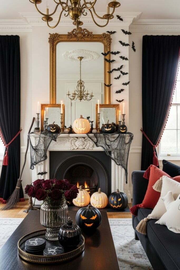Spooky-Chic Magic: halloween home décor Ideas You’ll Love 17 Grand fireplace with black and white jack-o’-lanterns, ornate gold-framed mirrors, cobwebs, and bat wall art enhancing a Spooky-Chic Halloween Home.