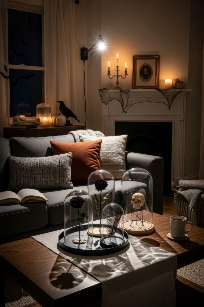 Stylish halloween living room Ideas: 15 Fresh Styles 15 Moody halloween living room with cloche displays of black roses and a skull, lit candles, and cobwebs draped across the mantel.