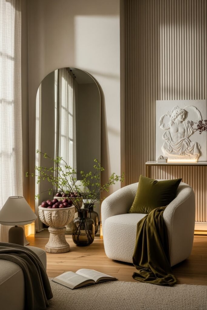 Ideas to Nail a Luxury Apartment Aesthetic 14 Elegant reading nook with a boucle armchair, olive green throw, tall arched mirror, and sculptural wall relief, styled with vases of branches and fruit.