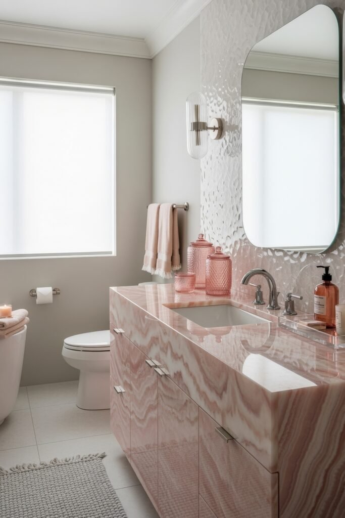 Fresh Ways to Style Pink Bathroom Decor: Looks That Glow 17 Luxurious bathroom with a glossy pink stone vanity and silver fixtures, styled with textured jars, candles, and towels as part of the pink bathroom decor.