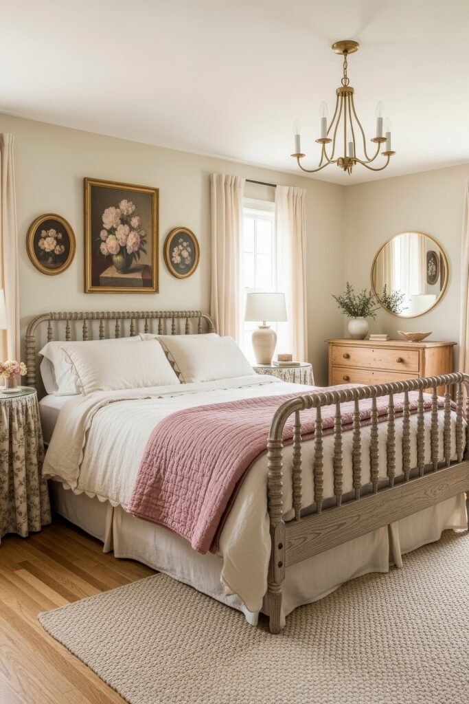Sweet Ideas for a Romantic Cozy Farmhouse Bedroom 13 Romantic cozy farmhouse bedroom with a spindle bed, white scalloped bedding, a blush quilt, and vintage floral artwork above.