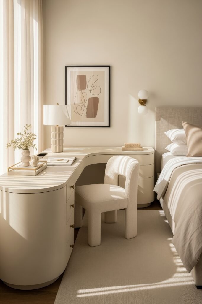 Small Bedroom Office Combo Ideas That Actually Look Chic 18 Bright neutral bedroom with a curved cream desk, sculptural lamp, and textured chair positioned beside the bed.
