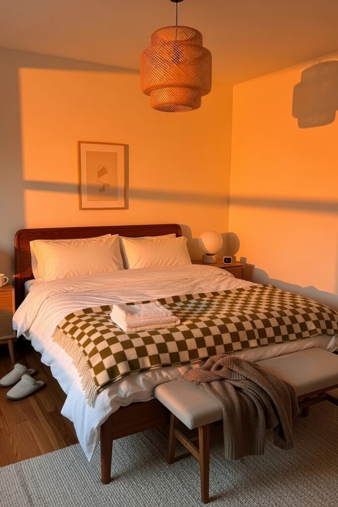 Small Bedroom Style Ideas: 15 Chic Looks That Work 20 Sunset-lit bedroom with a green and white checkered throw, white bedding, and simple wood furniture for a warm, relaxed vibe.