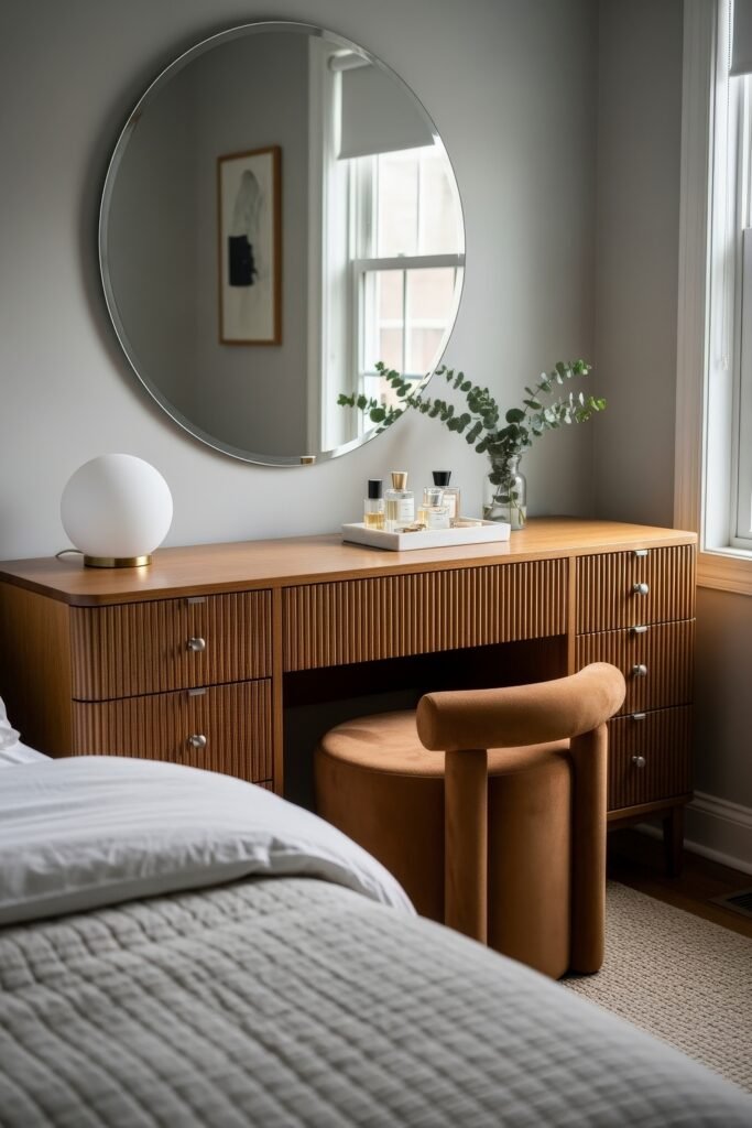 Smart, Stylish Storage Ideas for Small Bedrooms 17 Mid-century style vanity with a large round mirror, ribbed wood drawers, a velvet stool, and a tray of perfumes in a softly lit bedroom.