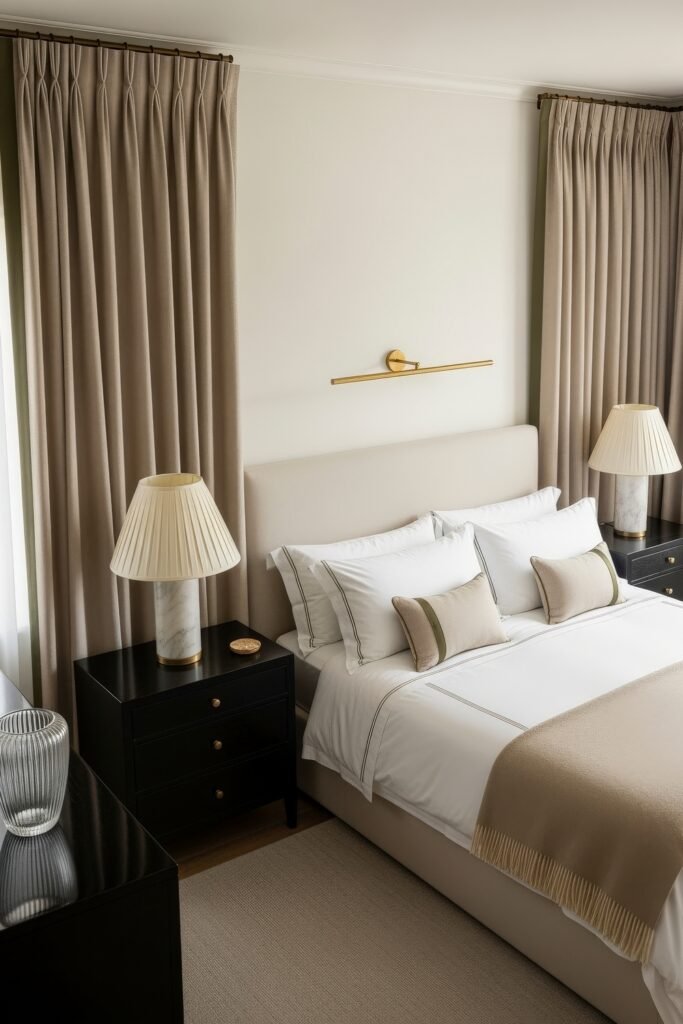Chic Ideas for Aesthetic Apartment Decor That Feels Effortless 19 Sophisticated bedroom with neutral bedding, marble lamps on black nightstands, and floor-length taupe curtains framing the bed.