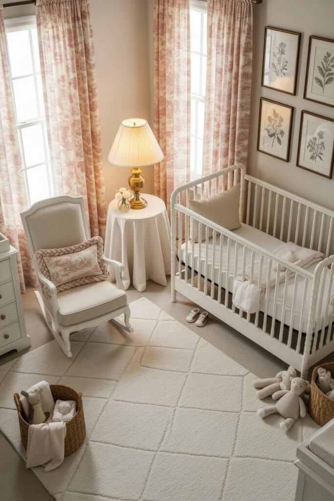 Dreamy & Stylish Baby Nursery Ideas for Girl 14 Elegant nursery with a white crib, pink toile curtains, rocking chair, and framed botanical prints, creating a soft and charming atmosphere.