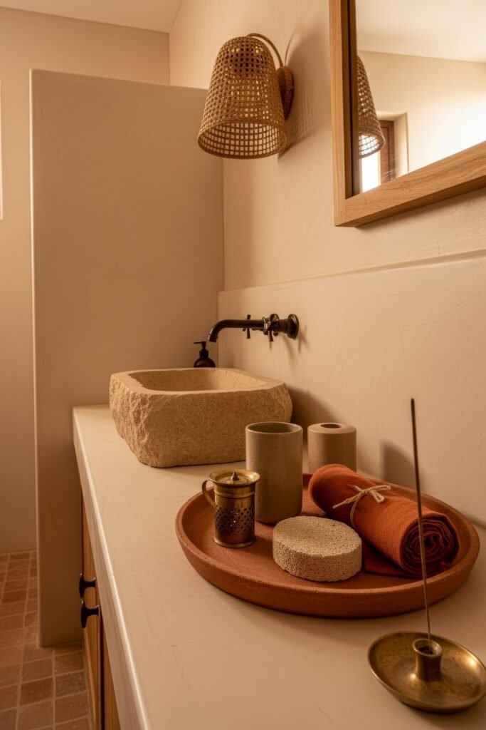 Stylish Bathroom Tray Ideas to Instantly Elevate Your Vanity 14 A spa-inspired bathroom with a textured stone sink and a round bathroom tray featuring ceramic tumblers, a gold incense holder, pumice stone, and rust-colored towel, all in earthy tones.