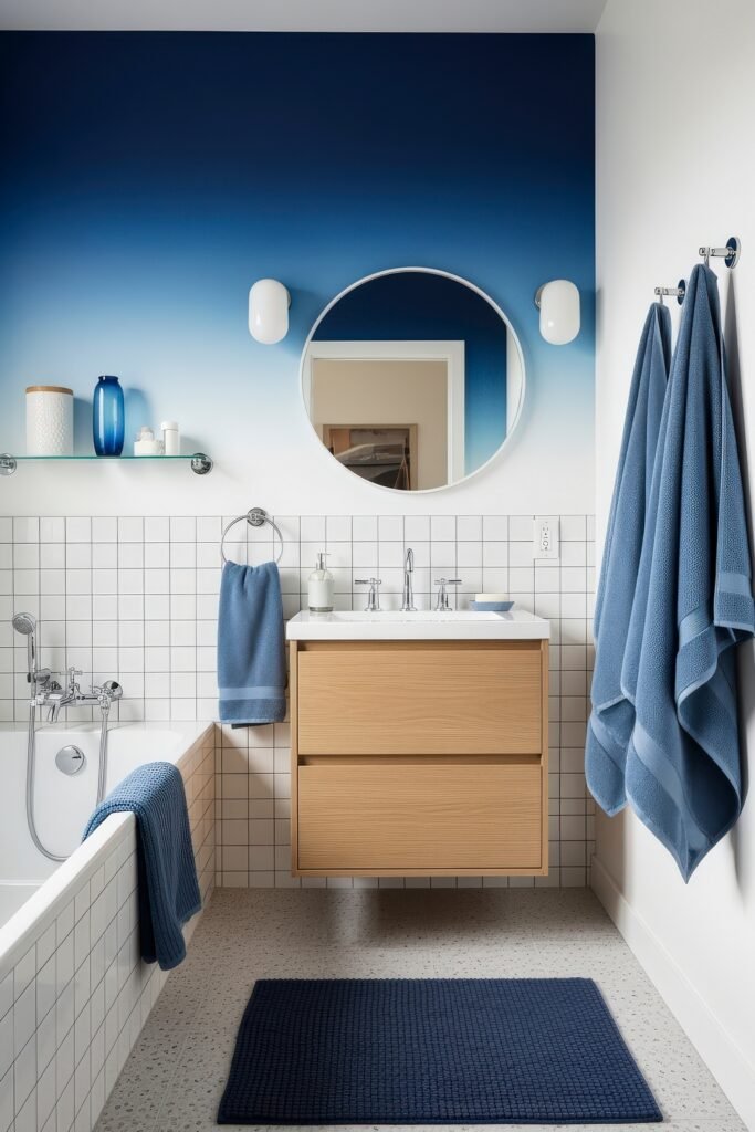 Blue Bathroom Decor: Fresh, Wow-Worthy Ideas 16 Coordinated bathroom with ombre blue accent wall, round mirror, and white tub framed by soft blue towels and decor.