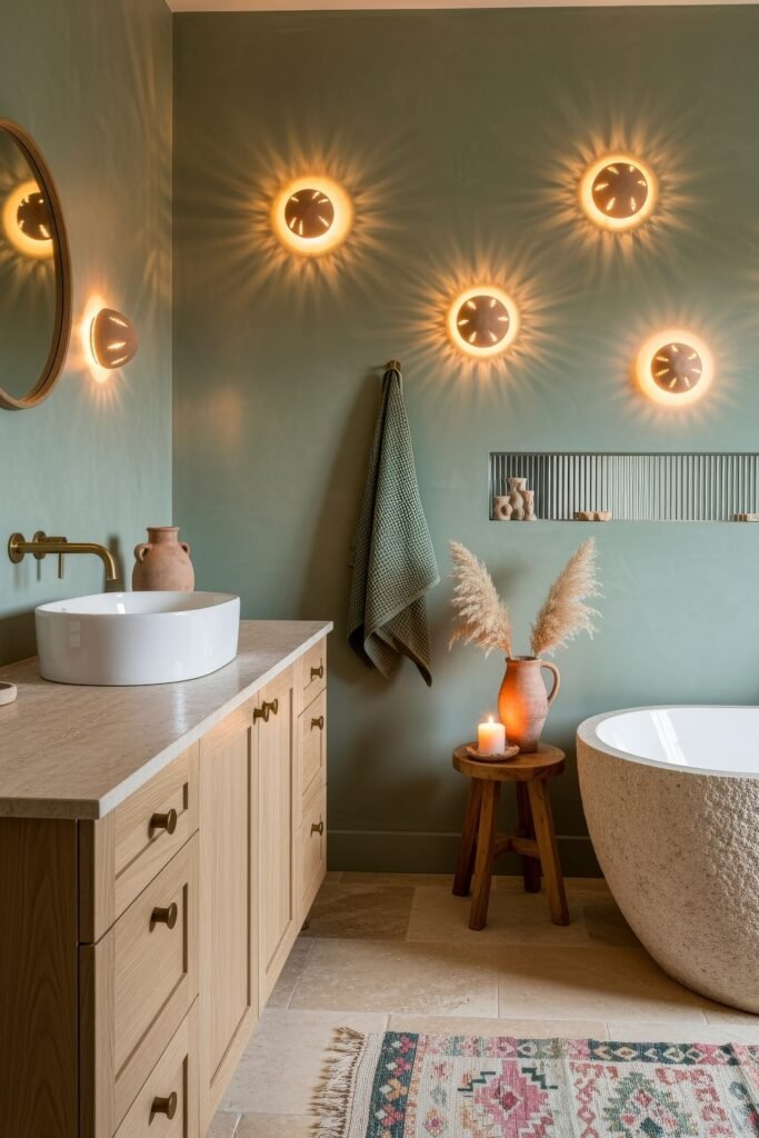 Fresh Ways to Layer Boho Bathroom Decor 17 Bathroom with sage green walls, glowing circular sconces, rustic vanity, freestanding stone tub, and patterned rug for warm boho bathroom decor.
