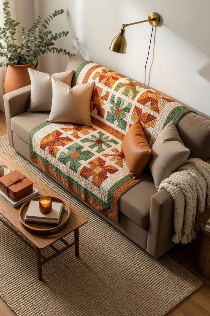 Cozy Boho Fall Decor: Ideas for Warm, Collected Style 19 Taupe sofa draped with a quilt in orange, green, and cream geometric patterns, styled with neutral pillows, a terracotta vase, and a candle on the coffee table.