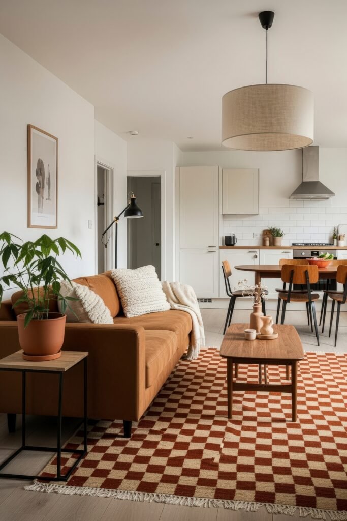 Chic Ideas for a Brown Apartment Aesthetic 14 Open-plan living and dining area with a tan leather sofa, cozy knit pillows, red checkered rug, and simple wooden dining furniture in a bright, neutral kitchen—blending practicality with brown apartment aesthetic.
