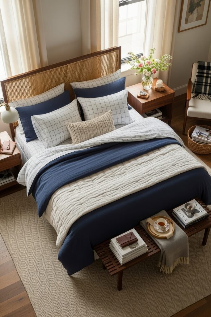 Soft & Stylish: Cozy Bedroom Ideas for an Effortless Retreat 19 Airy bedroom with a rattan headboard, navy and white check bedding, layered quilts, fresh flowers on the nightstand, and tea on a bench at the foot.