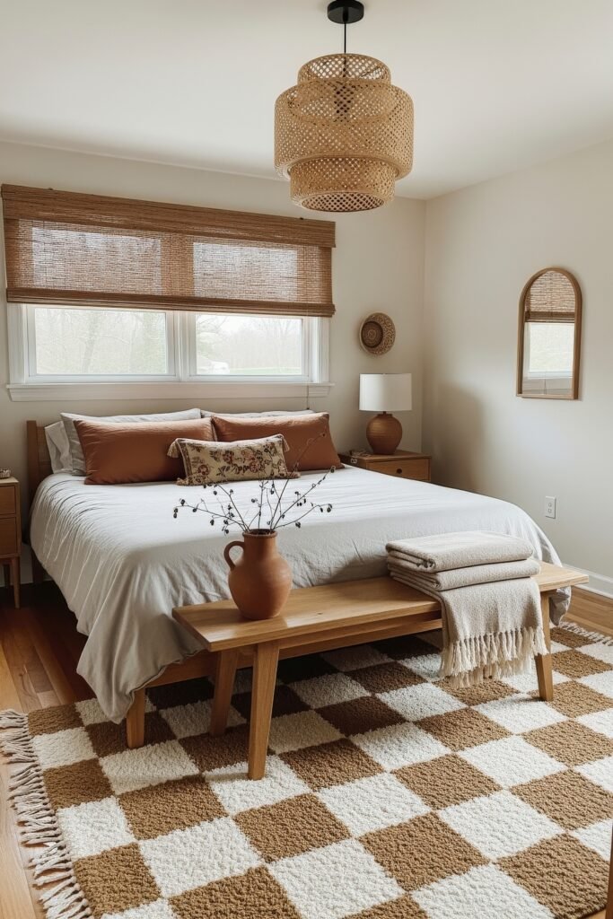 Dreamy Ways to Style a Cozy Boho Bedroom 16 Light-filled bedroom with a minimalist feel, featuring a wooden bed and bench, white and rust bedding, a checkered woven rug, bamboo window shades, and terracotta decor for a modern cozy boho bedroom atmosphere.
