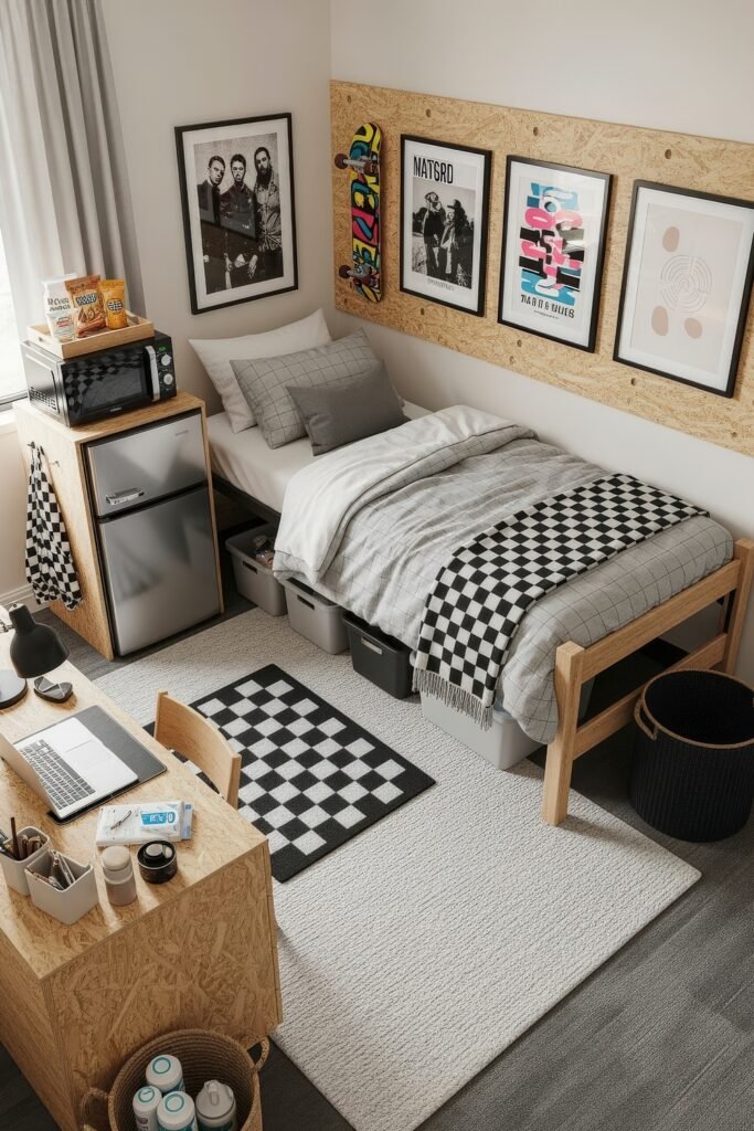 Dorm Room Ideas for Guys That Feel Grown 13 Modern dorm bedroom with OSB headboard, gray plaid bedding, checkerboard rug, framed art above the bed, and compact desk beside a fridge and microwave.