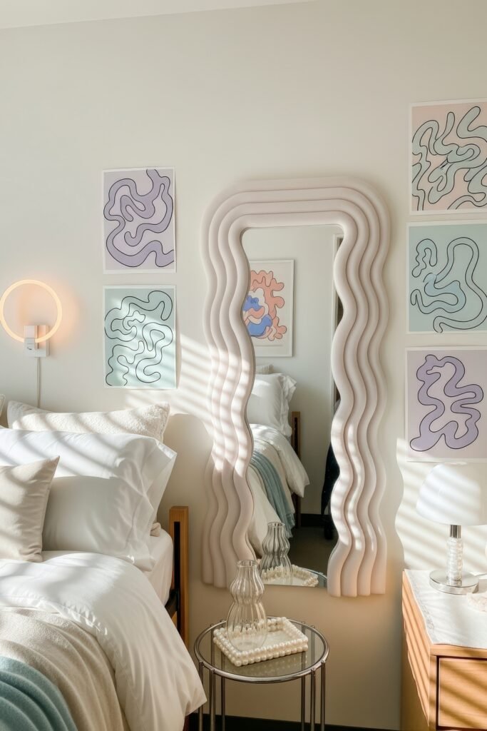 Trend-Forward dorm wall décor Ideas 15 Minimalist modern dorm bedroom with white bedding, a sculptural wavy mirror, pastel abstract wall décor, and soft natural light highlighting the clean design.