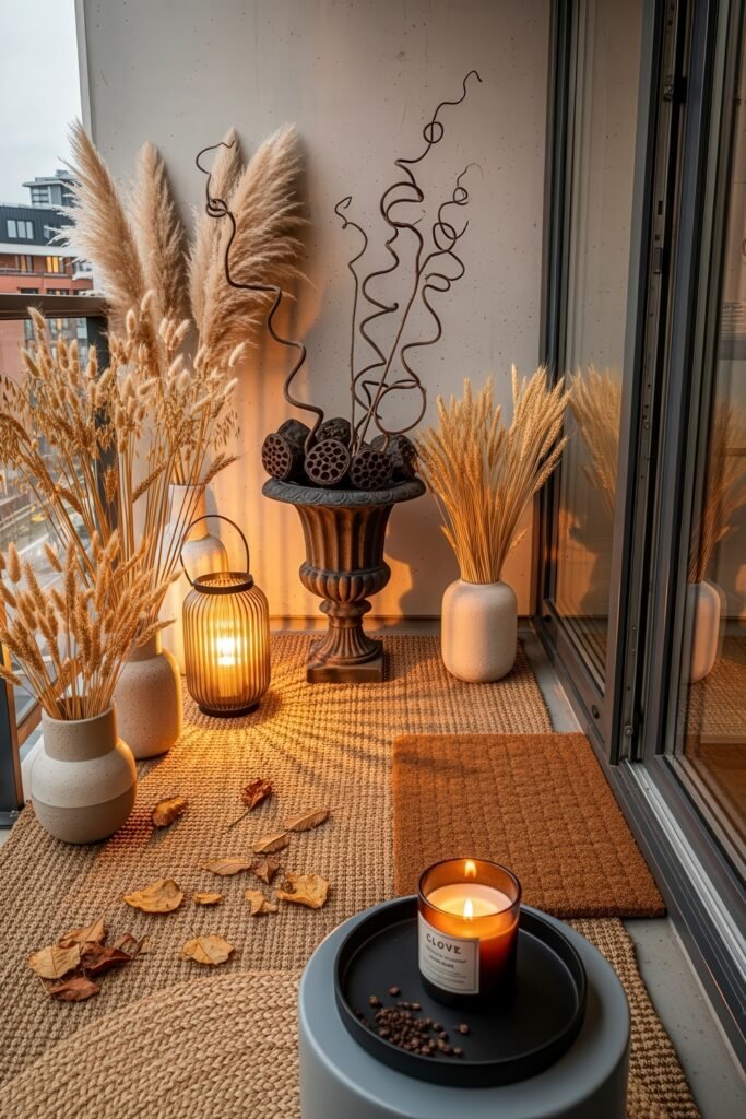 Cozy Entry Glow: Fall Porch Ideas to Try 17 Cozy balcony decorated with pampas grass, textured vases, a glowing lantern, and a candle on a tray, perfect for fall porch ideas.
