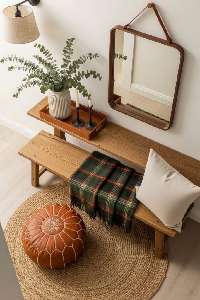 Fresh farmhouse fall decor Ideas for a Cozy, Modern Home 17 Entryway bench with a plaid throw, neutral pillow, leather pouf, eucalyptus in a vase, and candles, styled with farmhouse fall decor.