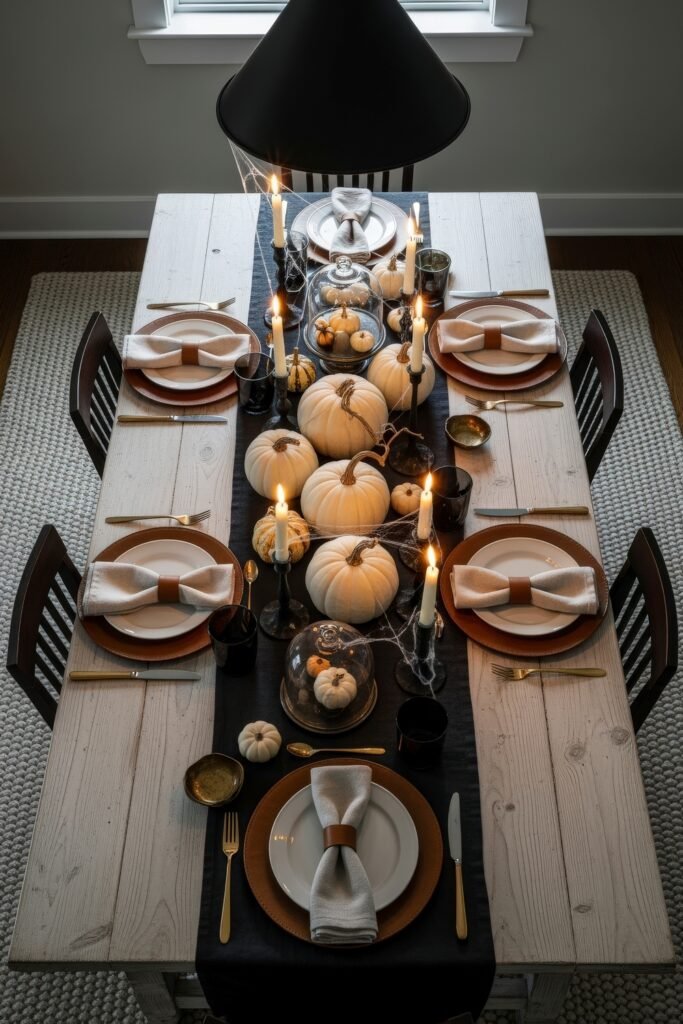 Chic Farmhouse Halloween: 13 Cozy, Stylish Decor Ideas 14 Dining table set for Halloween with white pumpkins, cloche displays, taper candles, black runner, and neatly folded napkins for a festive farmhouse tablescape.