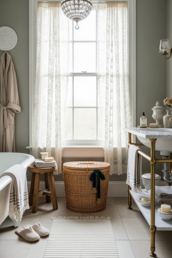 Elegant Ways to Layer french vintage bathroom décor 15 Airy bathroom with a clawfoot tub, crystal globe pendant, marble vanity with brass legs, wicker hamper, and lace curtains diffusing soft daylight.