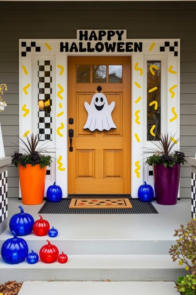 Chic halloween door hangers to elevate your entry 13 Festive front porch with a wooden door, a ghost Halloween door hanger, colorful blue and red pumpkins, and “Happy Halloween” sign above.
