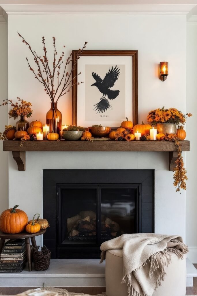 Spooky-Chic Halloween Fireplace Décor: Stylish Mantel Ideas 16 A white fireplace with a dark insert, styled with pumpkins, candles, amber glass vases, and crow artwork for a seasonal Halloween mantel centerpiece.