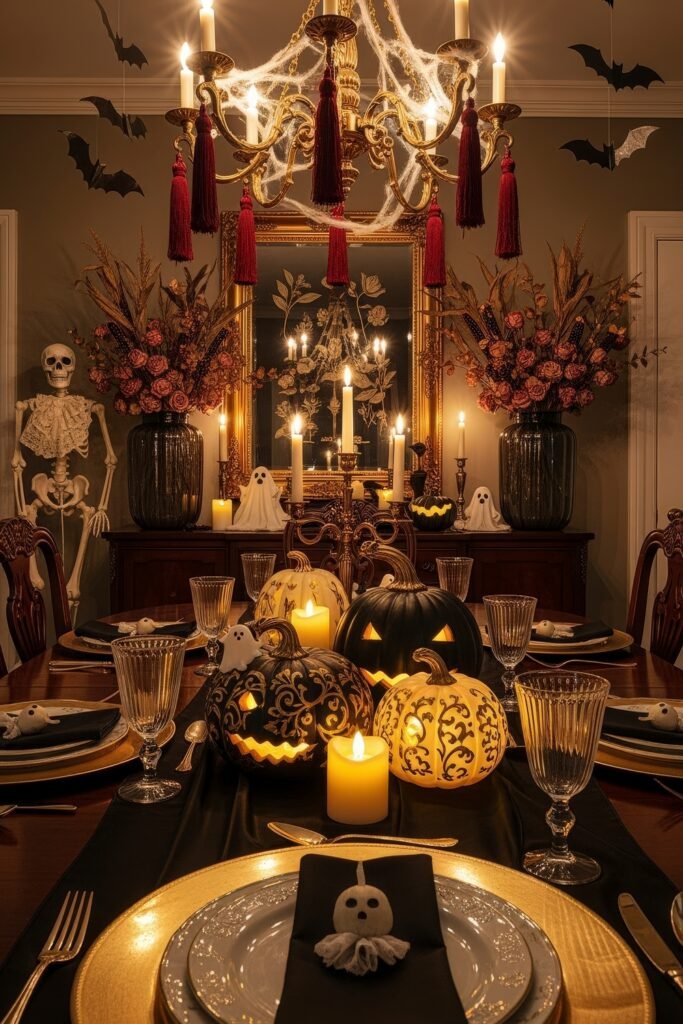 Spooky-Chic Magic: halloween home décor Ideas You’ll Love 18 Opulent dining room with black and gold pumpkin lanterns, ghost figurines, red roses, and a skeleton beside a chandelier draped in cobwebs.