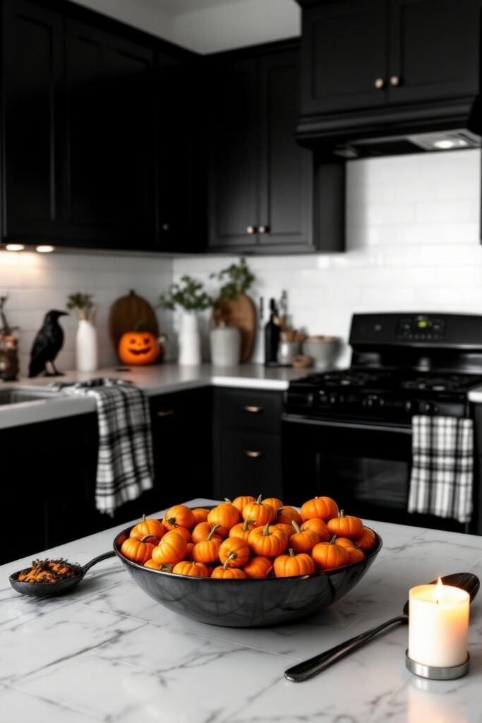 Fresh Ideas for your halloween kitchen 14 A halloween kitchen scene with a marble island featuring a bowl of mini pumpkins, a lit candle, and in the background a jack-o’-lantern glowing on the counter.