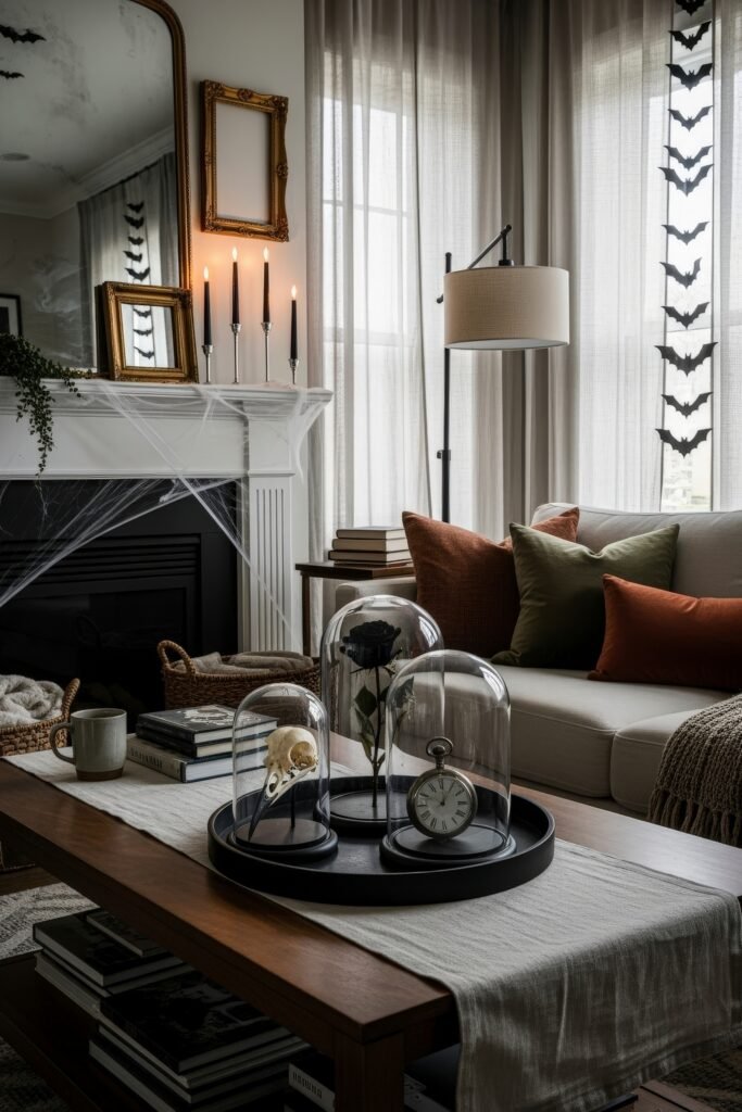 Stylish halloween living room Ideas: 15 Fresh Styles 16 Spooky-Chic Halloween Home with glass cloche displays of a skull, pocket watch, and black rose, alongside candles and cobwebs on the mantel.
