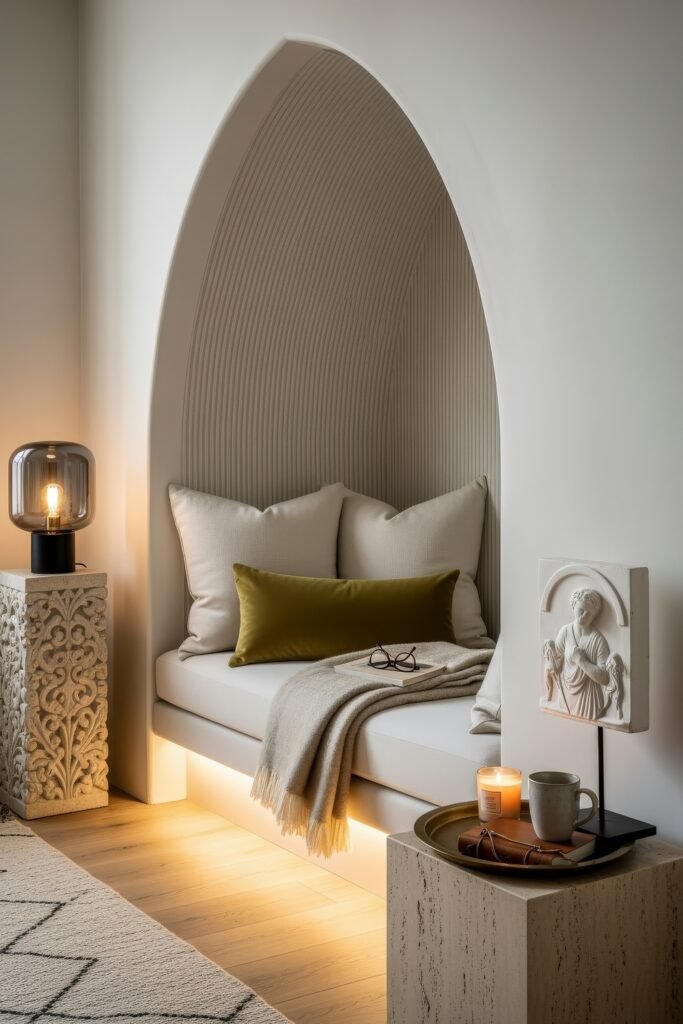 Ideas to Nail a Luxury Apartment Aesthetic 15 Built-in arched alcove seating with layered cushions, olive green pillow, and warm underlighting, complemented by a stone pedestal lamp and small side table.