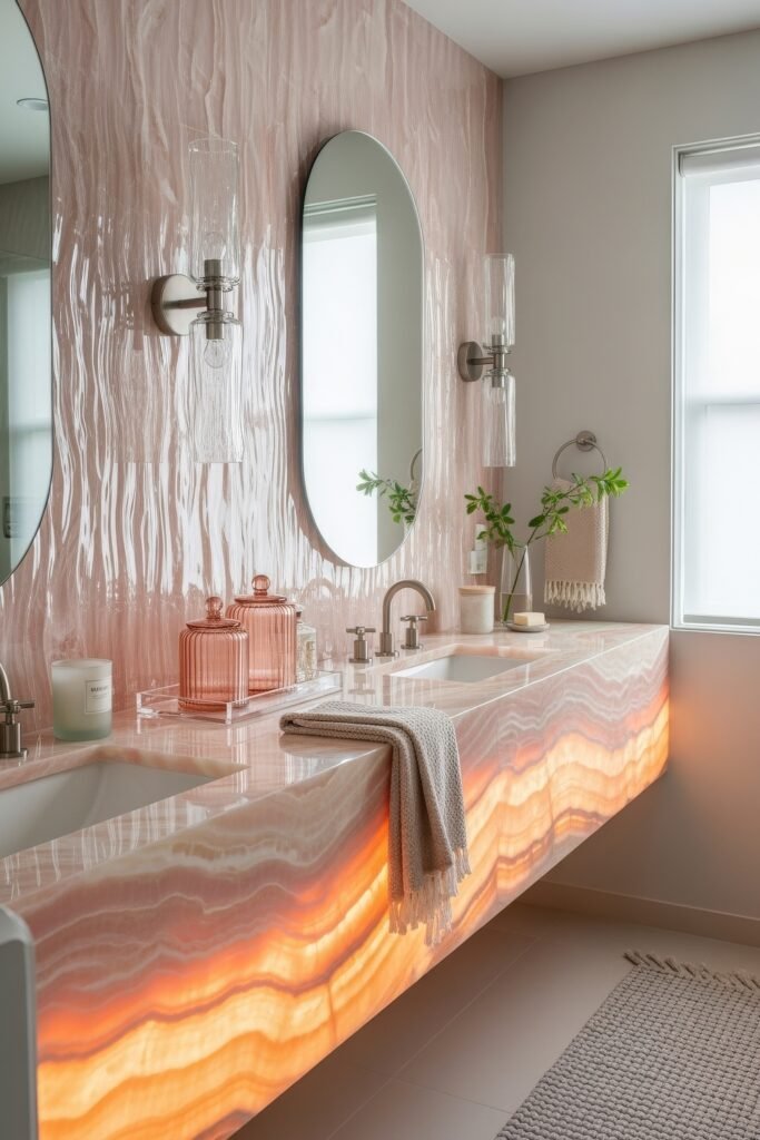 Fresh Ways to Style Pink Bathroom Decor: Looks That Glow 18 Modern double vanity bathroom with glowing pink stone countertops, oval mirrors, and silver fixtures, styled with glass jars and greenery for striking pink bathroom decor.