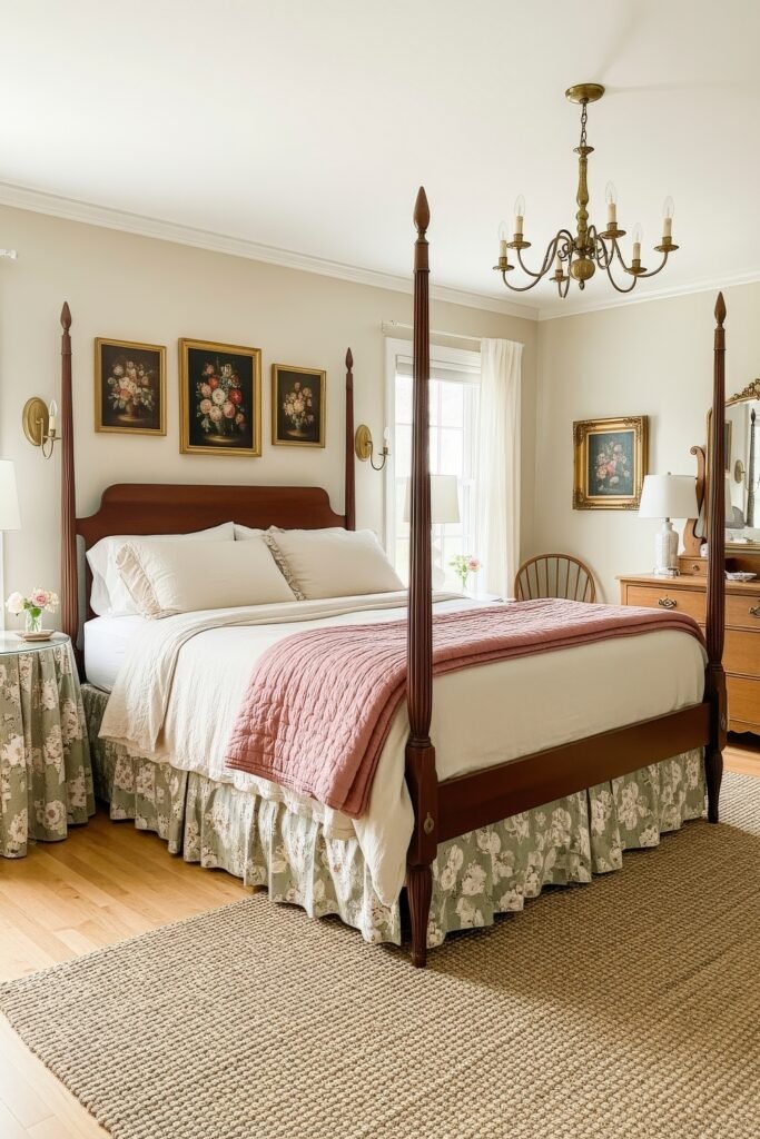 Sweet Ideas for a Romantic Cozy Farmhouse Bedroom 14 Elegant cozy bedroom with a four-poster bed, white bedding, blush quilt, floral bed skirt, and framed botanical prints.