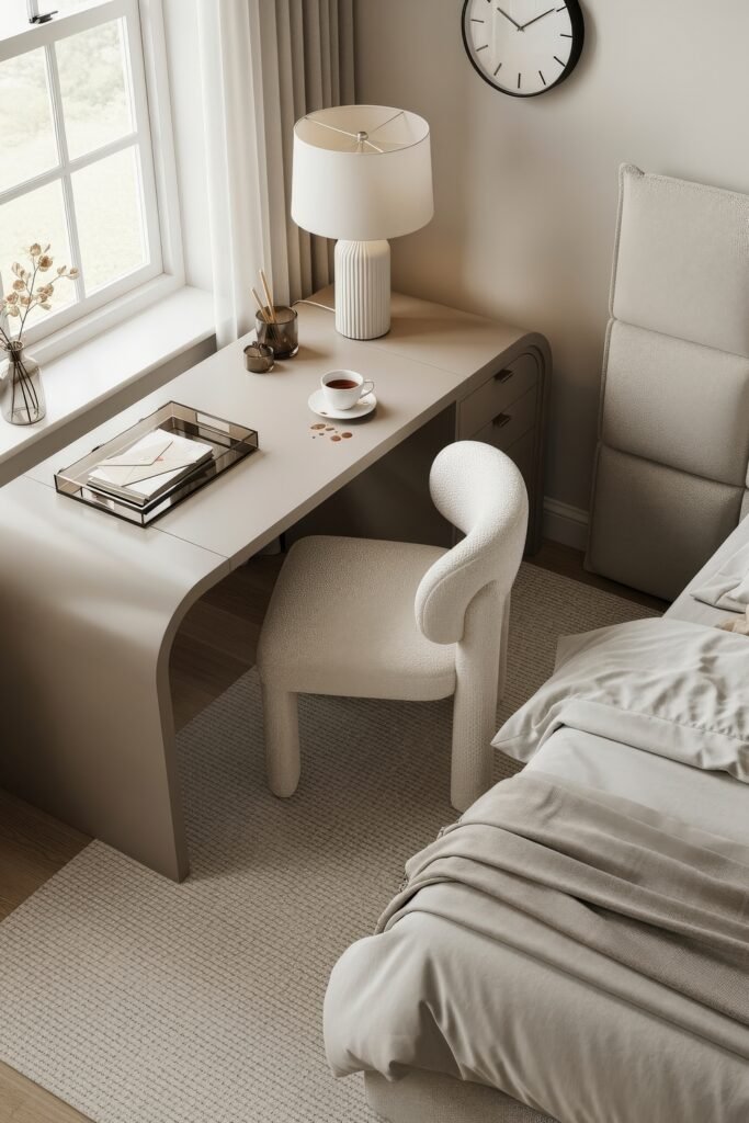 Small Bedroom Office Combo Ideas That Actually Look Chic 19 Light-filled bedroom with a curved cream desk under a window, modern lamp, and cozy boucle chair beside the bed.