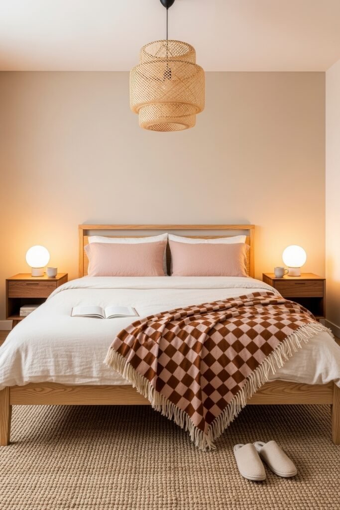 Small Bedroom Style Ideas: 15 Chic Looks That Work 21 Minimalist small bedroom with light wood furniture, soft pink pillows, and a brown diamond-pattern throw, styled with warm lighting and natural textures.