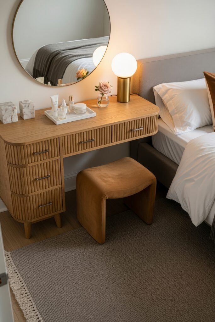 Smart, Stylish Storage Ideas for Small Bedrooms 18 Light wood vanity with curved drawers, round mirror, upholstered stool, and neatly arranged skincare products beside a bed.