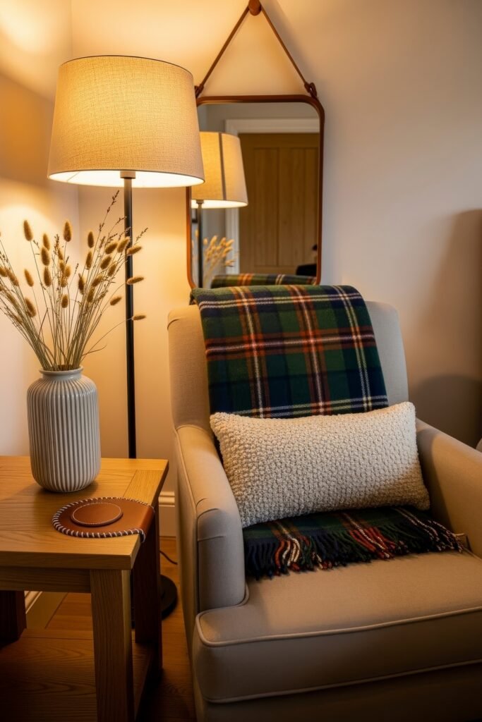 Fresh farmhouse fall decor Ideas for a Cozy, Modern Home 18 Accent chair with a plaid blanket, textured pillow, floor lamp, and side table with a vase of dried grasses, styled with cozy fall decor.