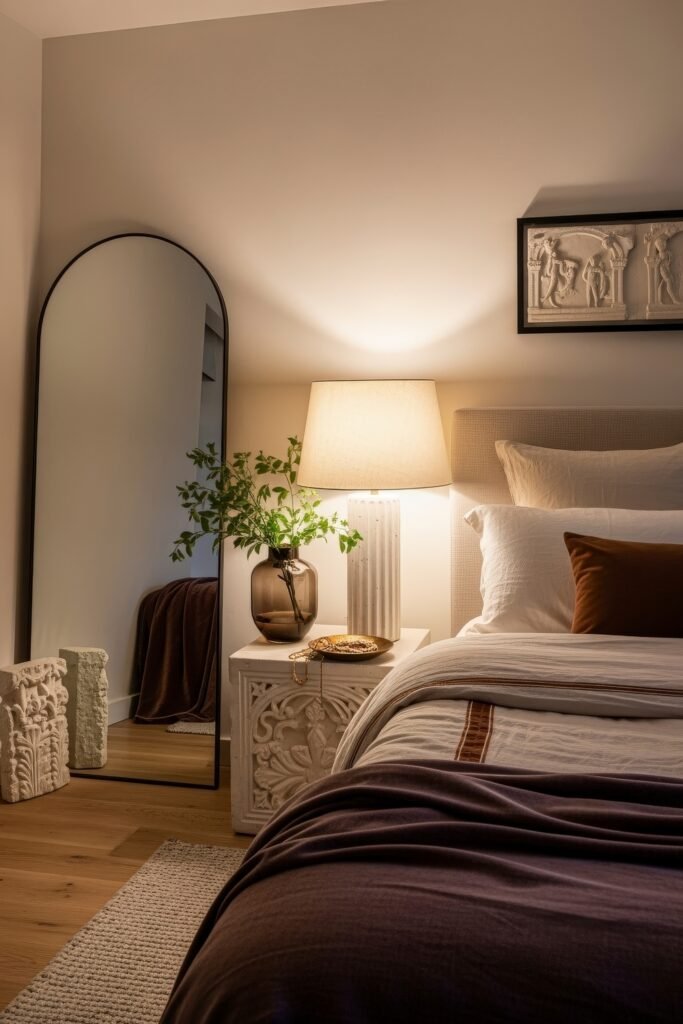 Ideas to Nail a Luxury Apartment Aesthetic 16 Warm bedroom corner with a textured stone nightstand, dark glass vase, and soft lighting, paired with layered white and rust bedding.