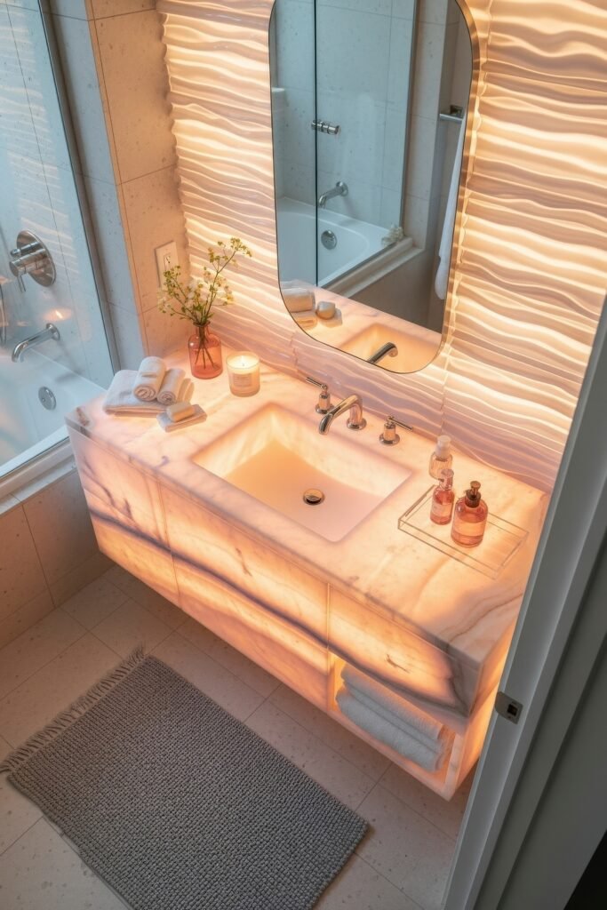 Fresh Ways to Style Pink Bathroom Decor: Looks That Glow 19 Contemporary bathroom with a glowing pink stone vanity, backlit mirror, and modern fixtures, styled with fresh flowers and candles as part of the pink bathroom decor.