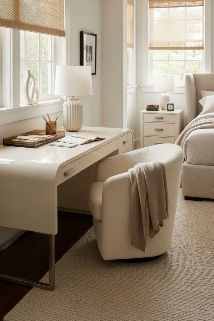 Small Bedroom Office Combo Ideas That Actually Look Chic 20 Airy bedroom with glossy cream desk, boucle armchair, and layered lighting, styled for a functional and elegant workspace.