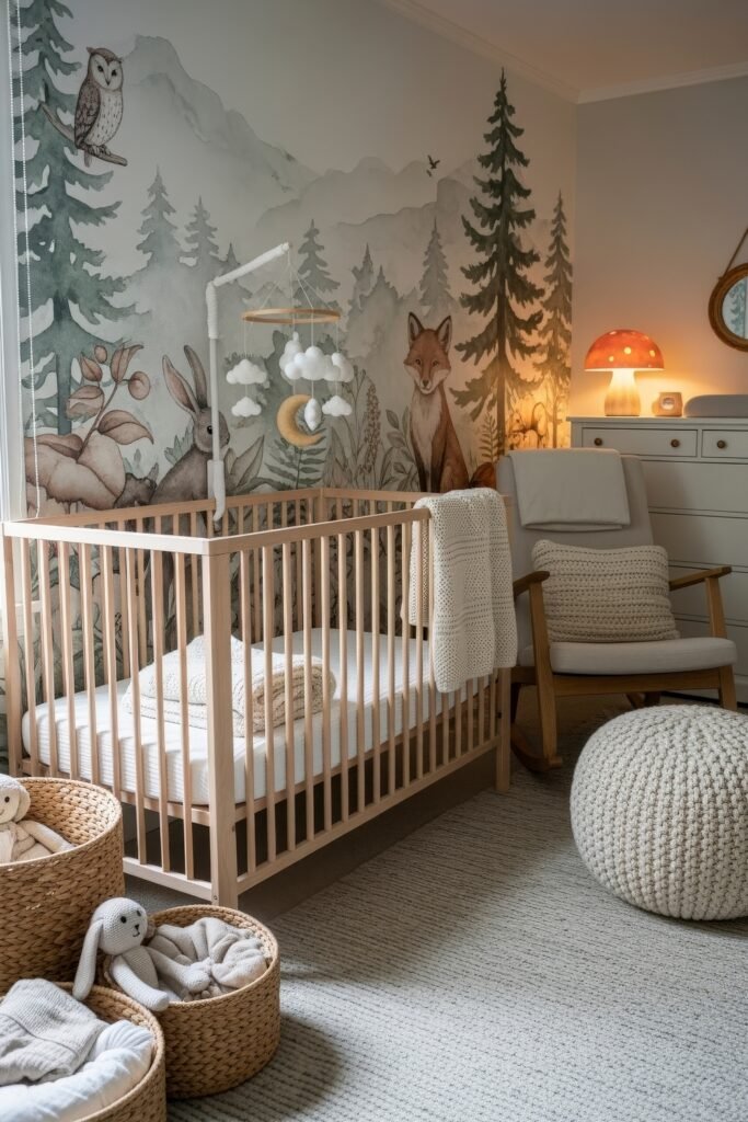 Dreamy Nursery Bedrooms: Baby Nursery Ideas for Boy 14 Whimsical woodland nursery with animal mural of fox, owl, and rabbit, wooden crib, knitted pouf, and cozy rocking chair for bedtime stories.