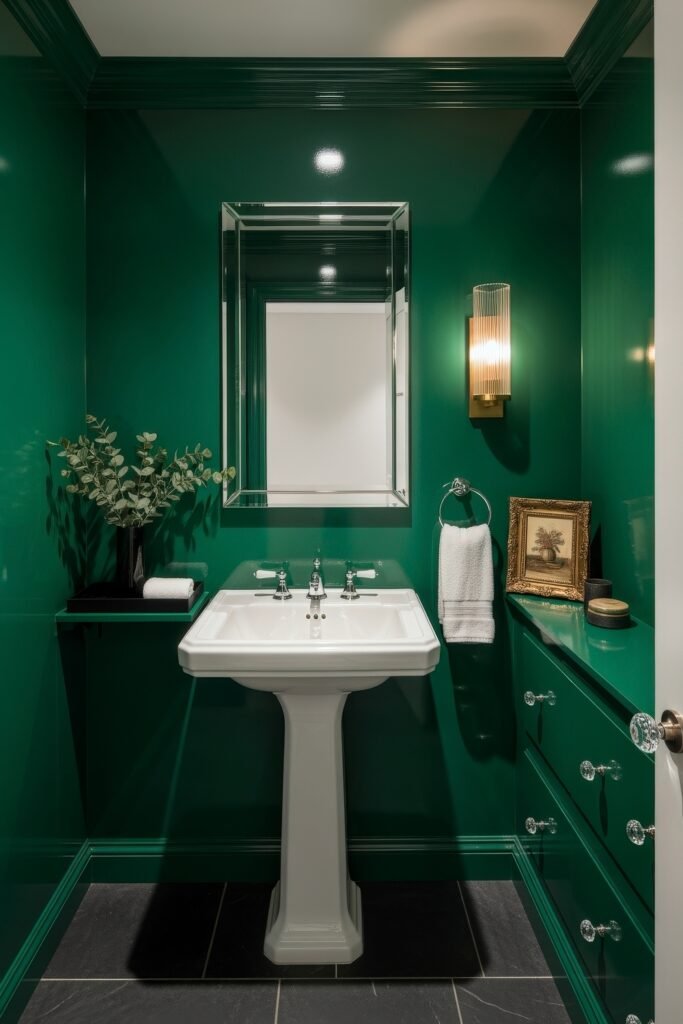 Bathroom Decor Ideas for Calm, Color, and Character 10 Small glam bathroom with high-gloss emerald walls, pedestal sink, gold-trimmed mirror, and classic chrome fixtures, delivering dramatic yet elegant bathroom decor.